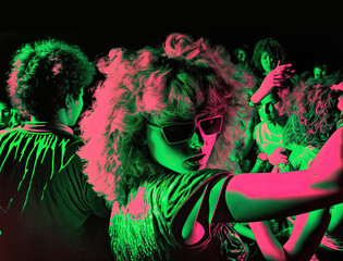 1980s pop art illustration of a blonde female dancer wearing sunglasses in a night club party on a fictional album cover, generative AI - obrazy, fototapety, plakaty