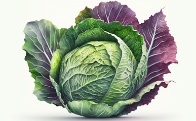 Fototapeta premium A drawn cabbage on white background watercolor vegetable organic food illustrations Generative AI