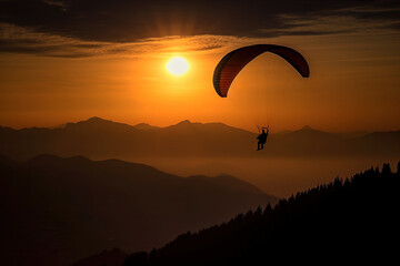 Parapente volando con un fondo de puesta de sol y montañas IA generative
