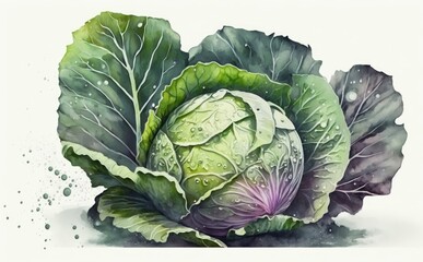Obraz premium A drawn cabbage on white background watercolor vegetable organic food illustrations Generative AI
