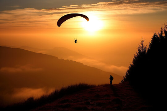Parapente volando con un fondo de puesta de sol y montañas IA generative
