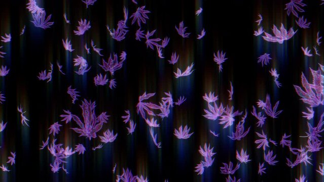 Glowing colorful weed leaves falling down 3d vj loop festival backdrop stoners day 420 getting high hippie life Marijuana leaf fluorescent 4k trippy texture