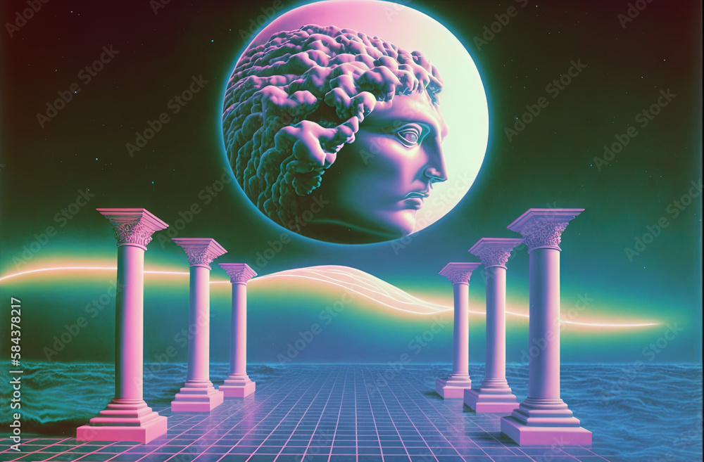 Poster vaporwave background with ancient greek statue head and architectural elements. abstract vaporwave b