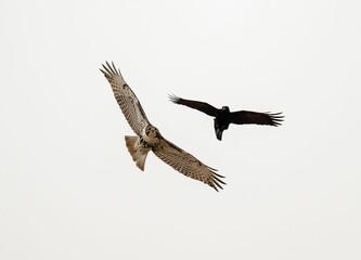 Low angle shot of a red-tailed hawk and a raven flying on a gloomy cloudy day