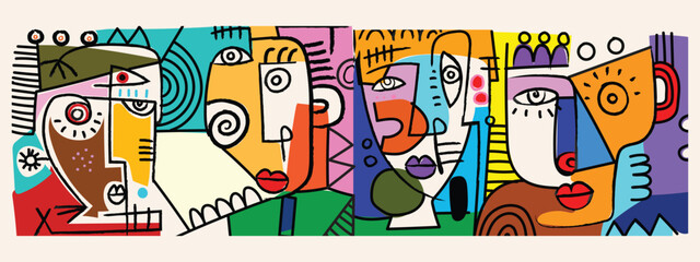 Set of colorful abstract face, decorative, line art, doodles hand drawn vector illustration.