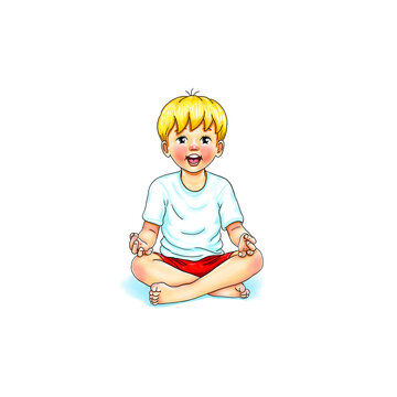 Kids Yoga Joga für Kinder, Asana Yogi, Freizeit, Hobby, Achtsamkeit. Junge barfuß in Yoga Haltung, macht fröhliches Gesicht, lächelt, ist entspannt, erholt sich. Freude und Ausgeglichenheit