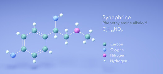 synephrine molecule, molecular structures, phenethylamine alkaloid, 3d model, Structural Chemical Formula and Atoms with Color Coding