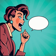 Lady announces and promotes. Pop art retro vector illustration comic cartoon kitsch vintage drawing