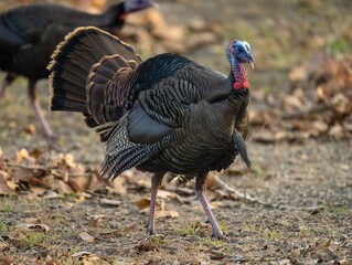 Group of turkeys on a dry grass