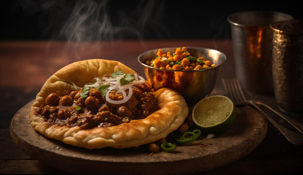 Delectable Chole Bhature - A savory Indian dish with steam rising against a dark background