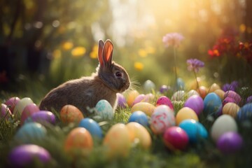Fototapeta na wymiar Adorable Easter Bunny with Easter Eggs in Flowery Meadow under Soft Golden Sunlight....Adorable Bunny with Easter Eggs in Flowery Meadow under Soft Golden Sunlight....