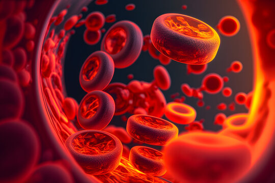 Red flow of blood cells in an vessel, vein, artery. Generative AI