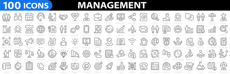 Business Management 100 icons set. Outline Icon Collection. Time management and planning concept, management. Mission, Values, Human Resource, Experience. Vector illustration - obrazy, fototapety, plakaty