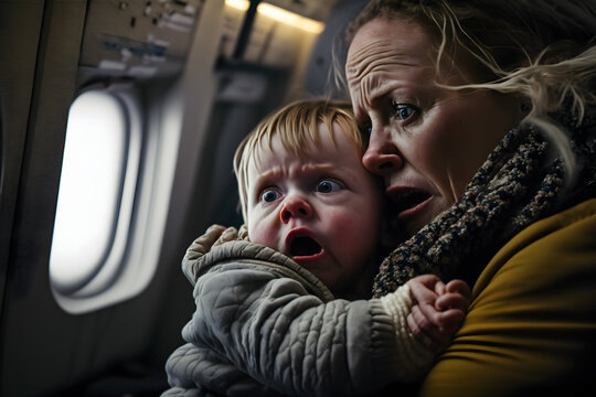 Grandmother Holds In Her Arms A Frightened Crying Child In An Airplane Seat Looking Out The Window. Generative AI