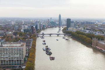 London cityscape, bird eye view with bridges over Thames river