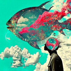Contemporary digital collage art. Modern trippy design. Fashion fish and nice sky background