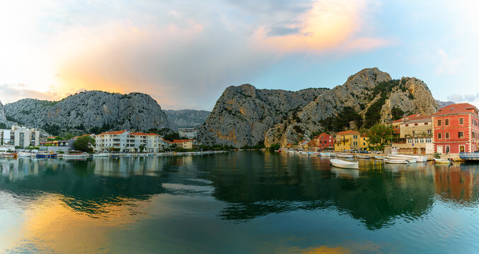 Landscape with Omis town and  Cetina river at sunset, Croatia