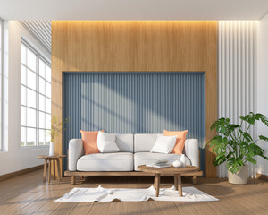 Modern japan living room with minimalist bed and side table, wood wall and slats wall. 3d rendering