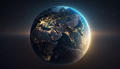 Night view of planet Earth from space, beautiful background with lights and stars. generative ai

