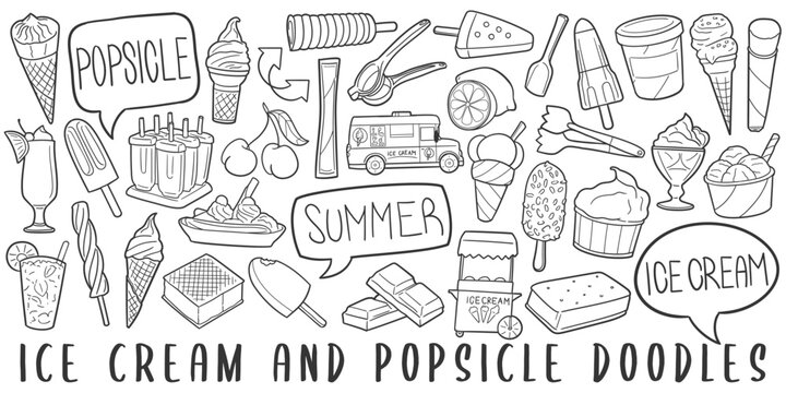 Ice Cream Doodle Icons. Hand Made Line Art. Popsicle Clipart Logotype Symbol Design.