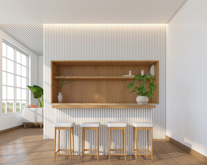 Modern japan kitchen with wood shelf and counter bar slats wall. 3d rendering