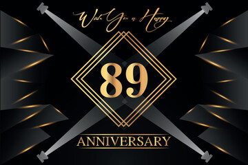 89 year anniversary celebration luxury golden color logo design with elegance gold line and number on black background