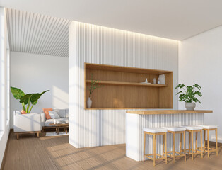 Modern japan kitchen with wood shelf and counter bar slats wall. 3d rendering