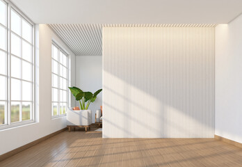Modern japan empty room with wood shelf and slats wall. 3d rendering