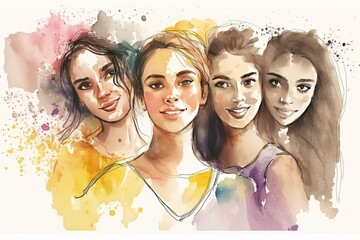Colorful group of women of different ethnicities stand side by side together. Watercolor illlustration. Generative AI