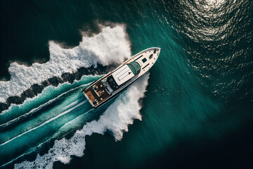 Aerial view of a small luxury yacht on the blue sea - generative ai