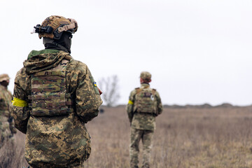 Rear view of two armed Ukrainian soldiers walking in steppe in uniform and helmets.