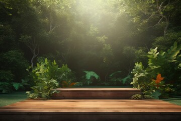 Obraz na płótnie Canvas Empty Wooden Stage with Natural Green Leaves Backdrop 3D Rendered in High Resolution for Luxury Product Showcase
