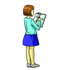 Hand drawn illustration of a girl drawing in a sketchbook. Back view.
