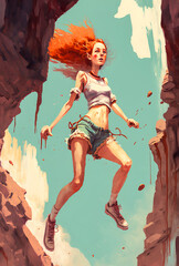 A young redheaded woman jumping out of the sky with an attractive and dynamic look consisting of ripped jean shorts and a tight t-shirt to boost the passionate atmosphere. Generative AI