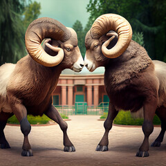 Two rams are fighting with their horns - obrazy, fototapety, plakaty