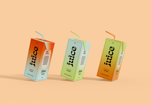 Three Juice Box with Straw Mockup