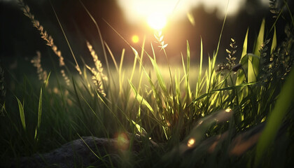 Fototapeta premium Beautiful green grass with drops of dew at sunrise in spring in sunlight. Generative Ai.