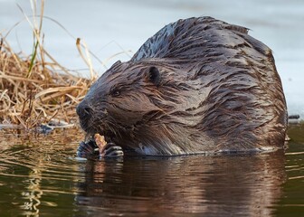 Wet  Eurasian beaver (Castor fiber) in a pond in closeup