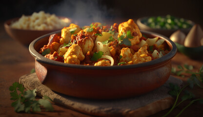 Aloo Gobi: Traditional Indian dish served steaming in a clay bowl on a dark wooden table
