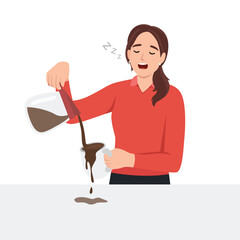 Sleepy tired young woman make coffee in morning feel fatigue after sleepless night. Drowsy girl exhausted need sleep relaxation. Early wakeup and exhaustion