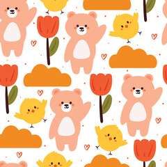 seamless pattern cartoon bear and flower. cute animal wallpaper illustration for gift wrap paper
