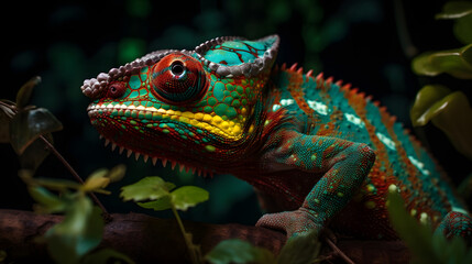 Fototapeta premium chameleon, isolated, green background, generative ai
