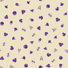 Kids toys freehand drawings doodle seamless pattern. Hand drawn toys elements background. Textile prints, covers, greeting cards. Bear, whirlgig, nesting doll. Vector Illustration.