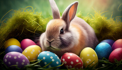 Happy bunny with many easter eggs  Ai generated image