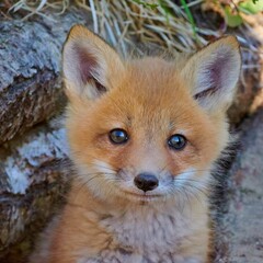 Closeup shot of a cute fluffy baby red fox in a forest