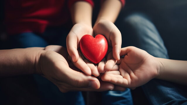 Family concept. child and adult hands holding heart with Generative AI.