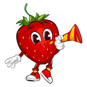 mascot character vector illustration of a strawberry blowing a party trumpet