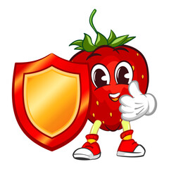 mascot character vector illustration of strawberry with shield