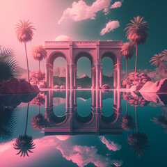 surrealistic vaporwave landscape. pink arches, palm trees