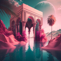 surrealistic vaporwave landscape. pink arches, palm trees